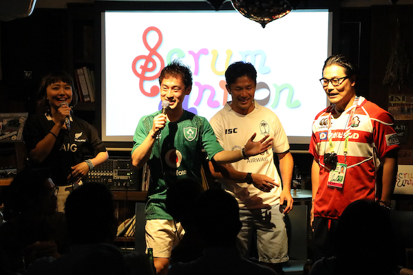 5月17日（金）のキックオフパーティーで挨拶する、（左から）田中美里さん、村田匠さん、廣瀬俊朗さん、吉谷吾郎さん（撮影：齋藤龍太郎）