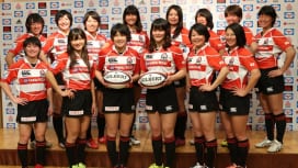 ラグビー女子日本代表にスポンサー！ 支援を受けることとなり、発表会見で笑顔の選手たち（撮…